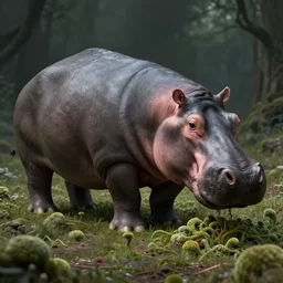 zombie fungus hippo, cordycepts militaris, hippopotamus, the last of us, mycelium, mold, john carpenters the thing, growth, metamorphosis, 8 k realistic, artstation, artgerm, h r geiger, hieronymus bosch,