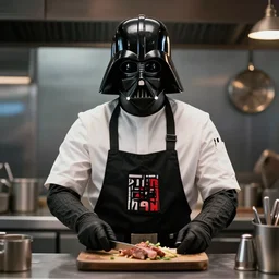 film still of Darth Vader working as a short order cook wearing an apron and hair net in the new Star Wars movie, 4k