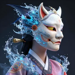 3 d goddess close - up profile portrait. beautiful intricate highly detailed korean gumiho mask and traditional hanbok. stingray magpie, bio luminescent, plasma, ice, water, wind, creature, artwork by tooth wu and wlop and beeple and greg rutkowski, octane 3 d render