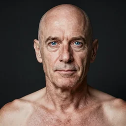 He is white, middle aged, and completely bald. He has strong, manly facial features, but has no facial hair, not even eyebrows or eyelashes. He has an average build, with some chest hair. He has big round blue eyes.