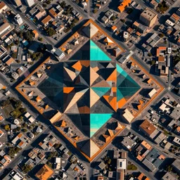a satellite view of a square city with geometric shapes by ramon chirinos, glitches, ocher and turquoise colors