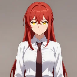 anime girl with light red hair, yellow eyes wearing a dress shirt with a tie, accurate anatomy, highly detailed, digital art, centered, portrait, in the style of tatsuki fujimoto
