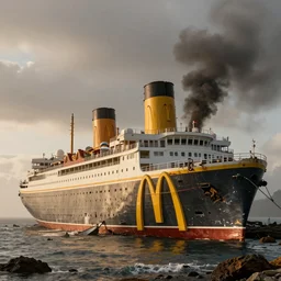 a derelict immense McDonald's brand vacation cruise liner oceanliner ship with yellow golden arches logo and tall smoke stacks crashed and broken on a deserted island, moored, fast food restaurant color scheme, golden arches, golden hour, thick black smoke billowing, overcast, dystopian, bad vibes, photorealistic, sharp focus, hyper detailed, octane render