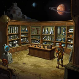 inside a store that sells spaceship parts, in a remote outpost, on a remote planet, from a sierra point and click 2 d graphic adventure game, set design inspired slightly by tomb raider, art inspired by [ [ thomas kinkade ] ] and [ mark keathley ]