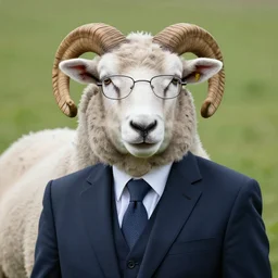 a portrait of a male sheep, a gentleman, wearing a suit, a glasses,