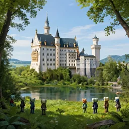 beautiful illustration of a big castle in a serene landscape and a beautiful lake, green grass and trees, blue sky, by albert bierstadt, highly detailed, crystal lighting, mystical, forest, hyperrealistic, 4 k, unreal engine, magical, by joe fenton, by greg rutkowski, by greg tocchini, by kaws, by kate beaton, by kaethe butcher