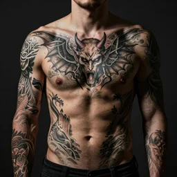 devilish tattoos on a man's body