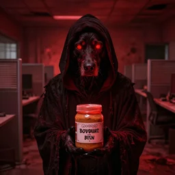 unsettling eldritch cultist dog glowing red eyes holding a jar of cursed forbidden peanut butter, lovecraftian horror, dramatic red scary lighting, horror, eldritch horror, red hue, creepy abandoned office cubicle in the background