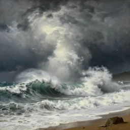 massive storm, huge waves crashing into the shore, dramatic lighting, classic painting, artstation, hyper detailed