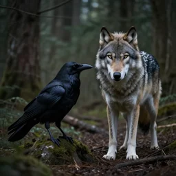 mixture between an! crow and wolf, photograph captured in a dark forest, realistic