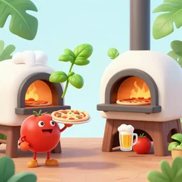 a basil plant character as a cook is making pizza in a wood fired oven, tomato character orders a beer, on a tropical beach, in the sunset, ultra realistic, extremely detailed 3 d render, octane render, octane, ray tracing, evening light, 4 k, movie still by pixar
