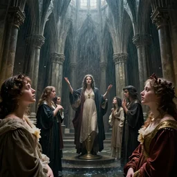 Miltonian disasterpiece cult rain mesmerizing inner sanctum of the most venerable and beautiful truth, in the style of Jeff Easley, Grant Wood, Ken Kelly, Élisabeth Vigée Le Brun, dramatic lighting, establishing shot, detailed and realistic faces, 8k resolution – W 1024