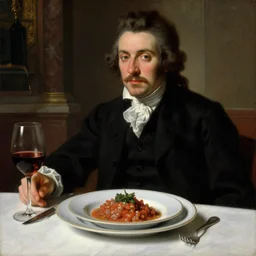 baroque oil painting handsome aristocrat in elegant black suit in a restaurant, dish with lolo saltado in a plate, painted by cushart krentz jeremy mann peter paul rubens, wine glass, marble interior, close up shot, soft lighting, dark color scheme, white tablecloth, baroque style, volumetric lighting, photo realistic, highly detailed