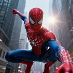 selfie of peter parker swinging with spiderwebs, lens flare, deep focus, rain, d & d, intricate, elegant, highly detailed, photo, 9 0 s, artstation, blade runner, 8 k, sharp focus, octane, unreal engine 5, global illumination, radiant