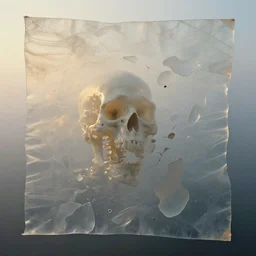 7 0 mm photograph of vellum and mesoglea - translucent layers ambiently occluding and striating, forming a detailed blurry silica colloid sculptural recreation of the skeleton spacecraft from roger dean's paintings emerging from the mist, cracking into smooth floating pieces dappled in polarized sunrise light, cinematic, 8 k