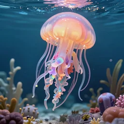 cute pvc plush of a jellyfish girl in her underwater habitat, pvc figure, vray water refraction simulation, rtx