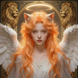 Portrait of a girl angel with pale orange colored frizzy strands of illuminated hair, cat ears on her head, glowing halo, Lion's Mane, Lion's Gate, fantasy, intricate, elegant, highly detailed, digital painting, artstation, concept art, smooth, sharp focus, illustration, art by Krenz Cushart and Artem Demura and alphonse mucha