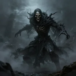 wraith, undead, dynamic pose, skull, terrifying, dark, fog, artstation