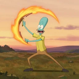 squidward practicing firebending in an open field at susnset