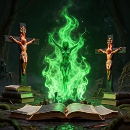 satanic green flame, burning bibles, witches burned on crosses, hyper realism, octane render, 4 k