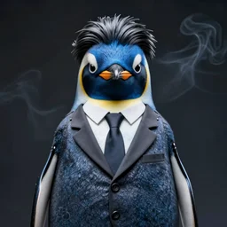 Photo of penguin in a suit, blue penguin, hair, godfather, symmetrical, dark background, smoke, realistic, highly detailed, trending on artstation,