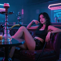 A cyberpunk woman lounging in a neon soaked hookah bar in the style of Paul Laurenzi