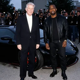 john paul ii and kanye west dressed black posing in front of a black supercar, evening, press paparazzi photograph