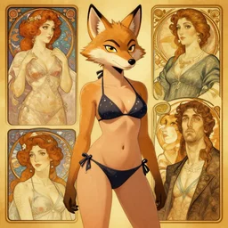 female anthropomorphic coyote wolf character in a bikini. Renowned character illustration by greg rutkowski, thomas kindkade, alphonse mucha, loish, norman rockwell. Trending on artstation.