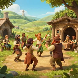 Digital art of hobbits dancing in a tavern, artstation 4k detailed