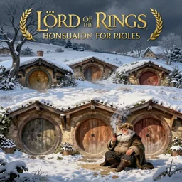 a detailed illustration of hobbiton in winter, from the lord of the rings, round doors, hobbit burrows, a fat happy hobbit smoking a pipe