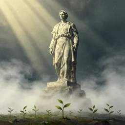 editorial illustration by karolis strautniekas and mads berg, towering statue of a mans tanding above by illustrated tiny saplings, fog, fine texture, detailed, muted colors, dramatic lighting, dynamic composition, vivid, matte print, wide angle, ( ( sunbeams ) ), moody