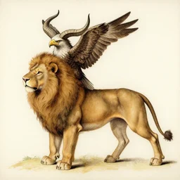 human / eagle / lion / ox hybrid with two horns, one big beak, mane, human body. drawn by leonardo da vinci