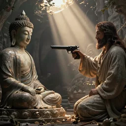 Buddha pointing a gun at jesus