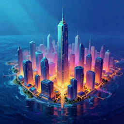 [ cyberpunk city ] surrounded by a glistening ocean [ style of seerlight ] saturated chromatic utopian science fiction artstation renderman