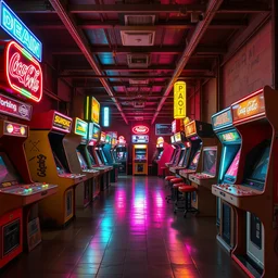 batch of retro derelict arcades places on open space, neon, cyberpunk