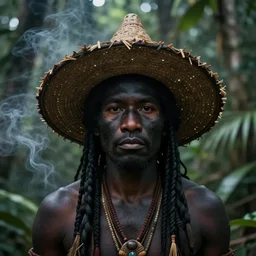 a beautiful portrait of an indigenous man with black skin with a large hat in the jungle, surrounded by smoke, mysterious atmosphere, fantasy art, matte painting, highly detailed