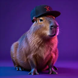 a capybara wearing a snapback by greg rutkowski, blue and purle lighting, digital art, ultra realistic, ultra detailed, photorealistic, 4k, character concept