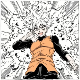 a manga panel of bakugo katsuki with an explosion behind him, by kohei horikoshi