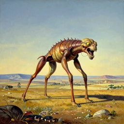 gigantic long - legged surreal creature on the great wild plains, hd photograph painting surreal trippy an open space, sharp focus highly detailed, grainy 3 5 mm vintage pop art texture, golden hour lighting, huge vicious organism, centerpiece horizon vast biodiverse valley, painted by salvador dali with colorful pastel oils chalk