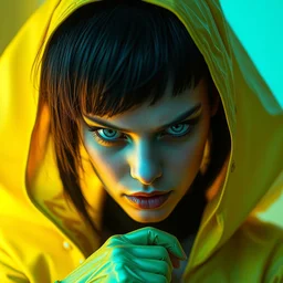 photorealistic portrait of ghost in a shell, scarlet johansson, ready to fight, goth punk, vibrant yellow, blue, colors, surreal, a french baroque by by alexander mcqueen, hyper detailed, cinematic lighting