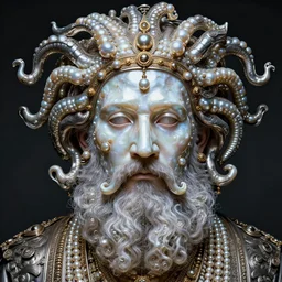 hyperrealism, detailed textures, award winning autochrome photo, symetrical old bearded man pearl medusa king autochrome pearl portrait, pearl silverplate, intricate, detailed facial pearl animal mask, pearl, golden jewelery, silverplate, ultra realistic, cinematic, intricate, cinematic light by steve mccurry, unreal engine 8 k