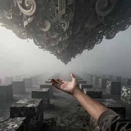 arm reaching out of thick fog, symetrical rows of stone blocks in far distance, floating in air, intricate, zdzislaw beksinski