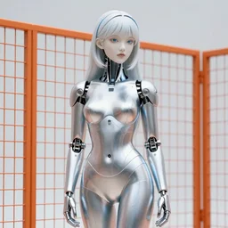 perfect soft cool cyborg woman, porcelain, aluminium ( desgined by apple ), silver, blue soft details, soft!!, ( ( standing close to an orange metal fence ) ), studio photo, octane render, studio lights, 8 0 mm lens
