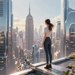 “ girl standing on a roof looking down at a futuristic new york city below, by daniel gerhartz ”