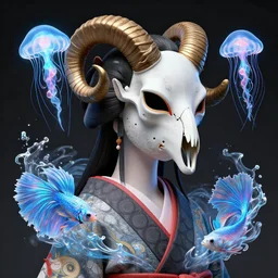 simple coherent artwork. 3 d goddess close - up 3 / 4 portrait with ram skull. beautiful intricately detailed japanese crow kitsune mask and clasical japanese kimono. betta fish, jellyfish phoenix, bio luminescent, plasma, ice, water, wind, creature, artwork by tooth wu and wlop and beeple and greg rutkowski