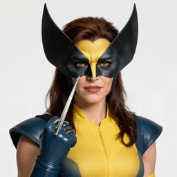 beautiful female classic wolverine, claws, detailed perfect face, exquisite details, high quality, intricate clothing, marvel comics, x - men, yellow and blue suit, mid view, sitting pose, studio muti, greg rutkowski makoto shinkai takashi takeuchi studio ghibli
