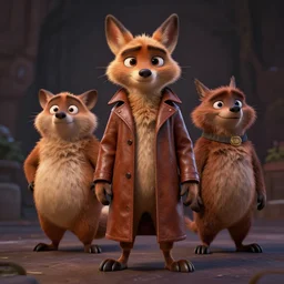 full body shot, 3 d render, anthropomorphic coyote male, wearing along brown leather maxi coat, in the style of zootopia, highly detailed attributes and atmosphere, dim volumetric cinematic lighting