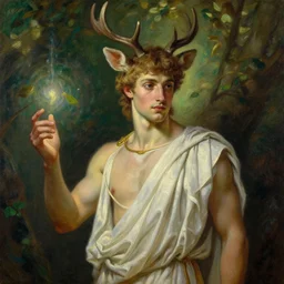 a oil art portrait of young fawn bard with nature magic in style of ancient greek satyr character, character design from d & d, art by anders zorn, wonderful masterpiece by greg rutkowski, beautiful cinematic light, american romanticism by greg manchess, jessica rossier