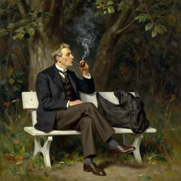 a stunning painting of an old 1 9 2 0 s man smoking a pipe, sitting on little white bench under a tree, by thomas kinkade and john aktinson grimshaw, matte painting, moody palette