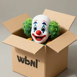 a cardboard box opened up with a clown face popping out of it, realistic, the name wbnl on it